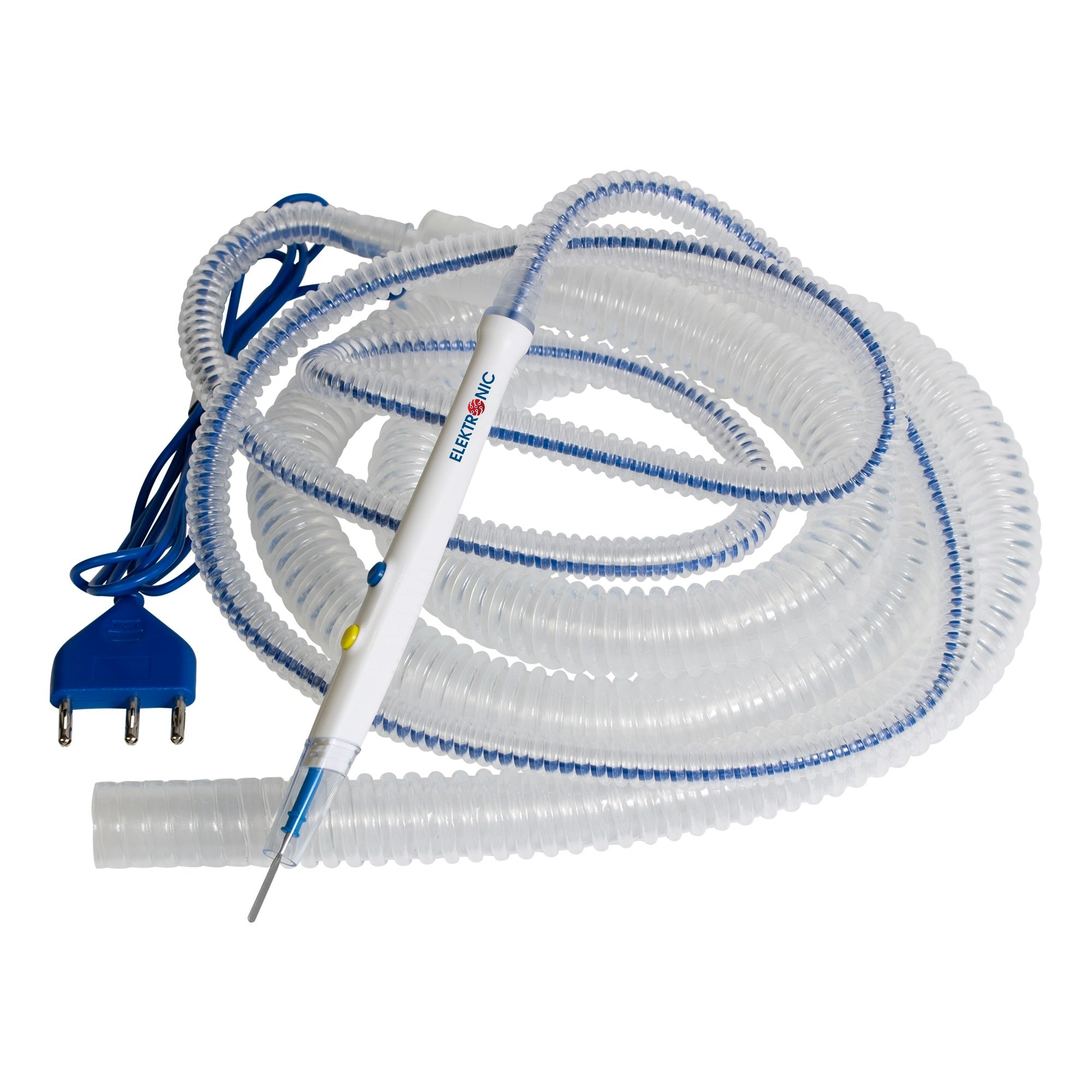 Diathermy Smoke evacuation Pencil disposable Electrosurgical Interchangeable Cut-Coag Handcontrol Evacuator System with 3 meter (10ft) Pre-Attached Tubing Cable 3M Hose with Swivel Holster 3 Pin Plug Non-Coated Blade Electrode STERILE Single Use - Surgical instruments company
