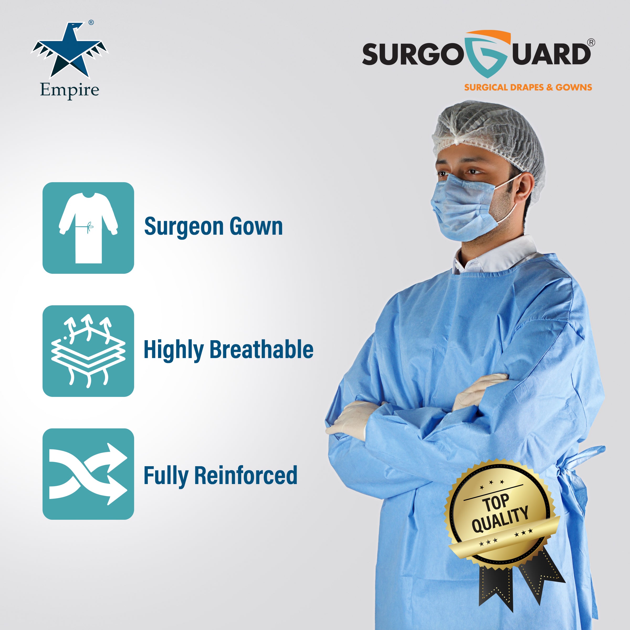 Case 40 SurgoGuard AAMI Level 4 STERILE Disposable Reinforced Surgical/Surgeon Impervious Gown 43G SMMS+ 30g PE Fabric, Isolation Gown with Long Sleeves, Knitted Cuffs, Spunlace Waist Ties (Large) L (IN STOCK) - Surgical instruments company