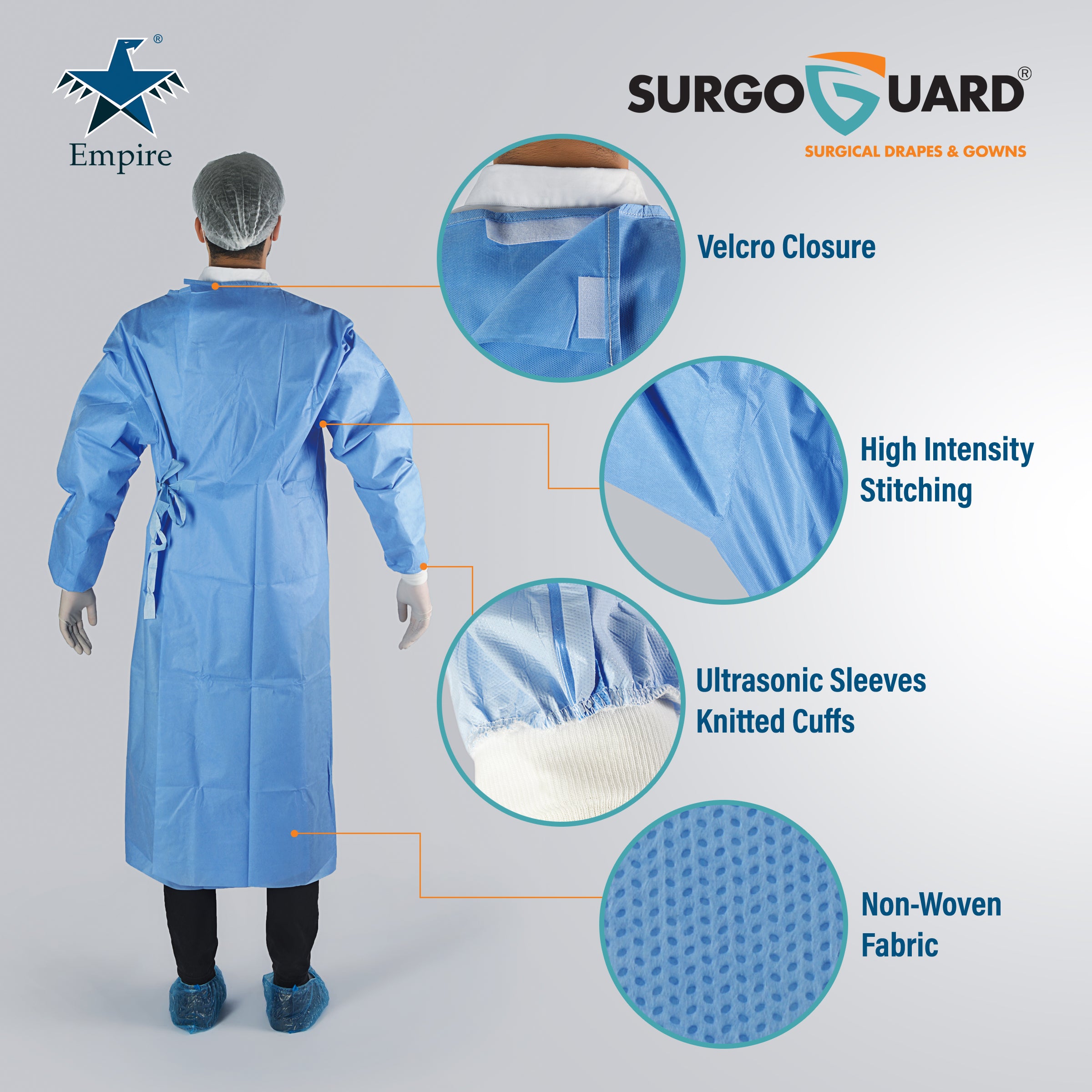 Case 40 SurgoGuard AAMI Level 4 STERILE Disposable Reinforced Surgical/Surgeon Impervious Gown 43G SMMS+ 30g PE Fabric, Isolation Gown with Long Sleeves, Knitted Cuffs, Spunlace Waist Ties (Large) L (IN STOCK) - Surgical instruments company