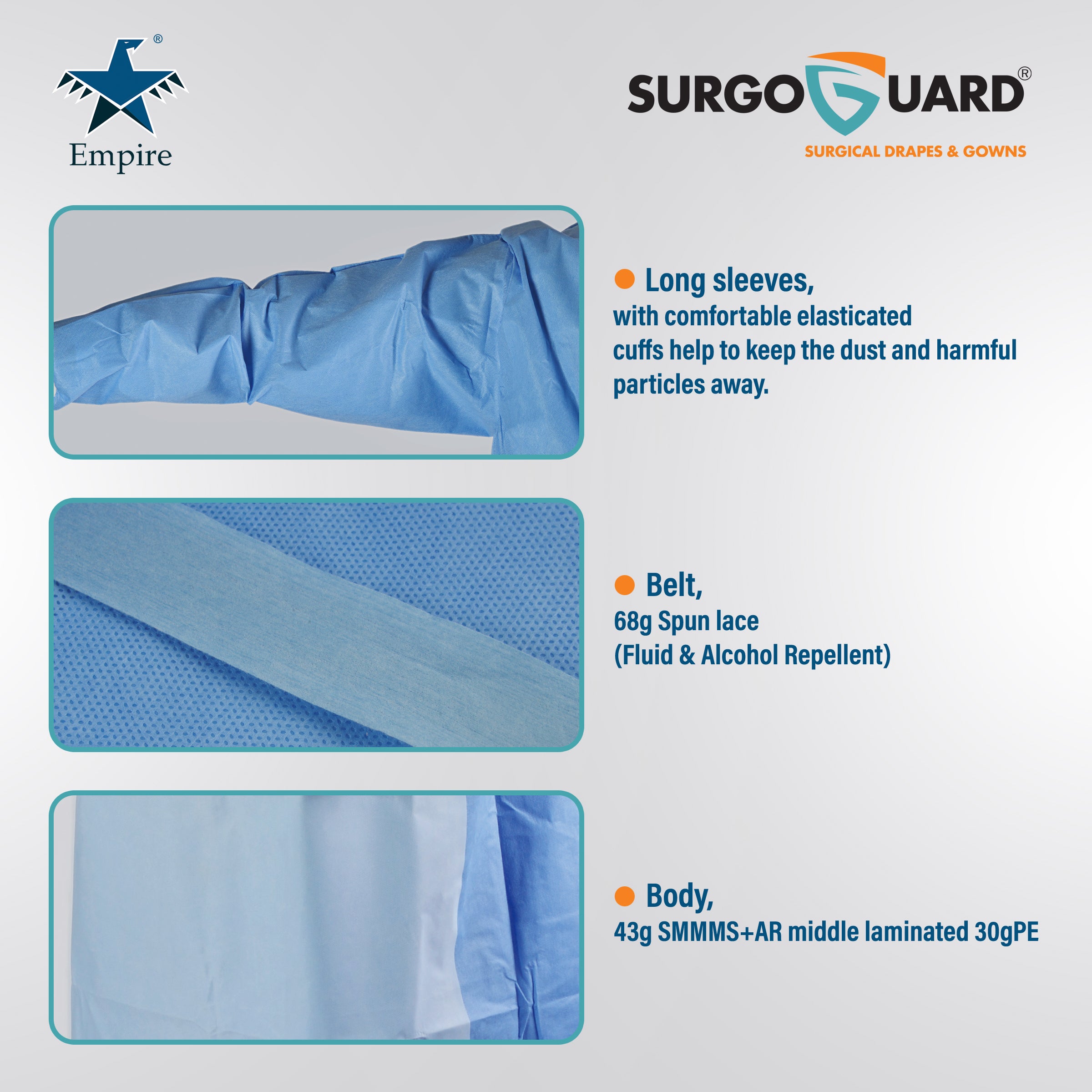 Case 40 SurgoGuard AAMI Level 4 STERILE Disposable Reinforced Surgical/Surgeon Impervious Gown 43G SMMS+ 30g PE Fabric, Isolation Gown with Long Sleeves, Knitted Cuffs, Spunlace Waist Ties (Large) L (IN STOCK) - Surgical instruments company