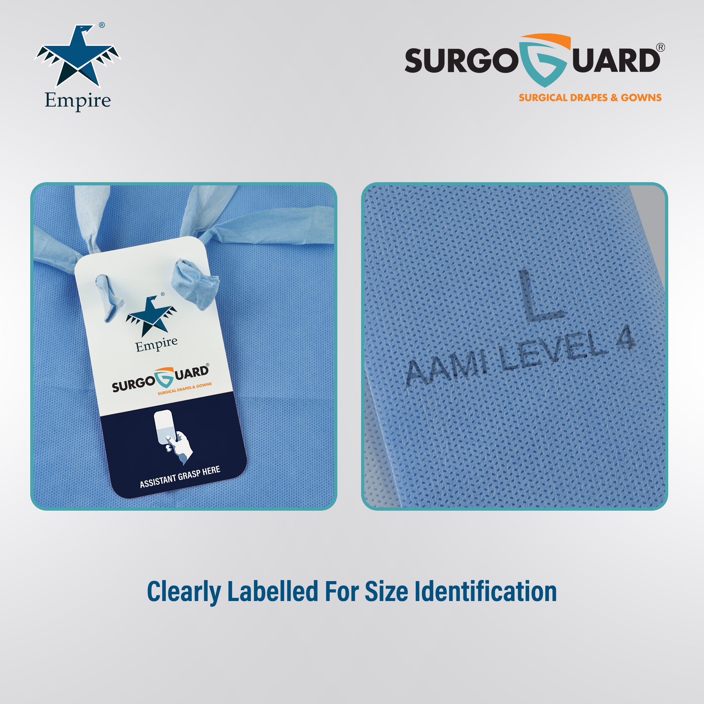 Case 40 SurgoGuard AAMI Level 4 STERILE Disposable Reinforced Surgical/Surgeon Impervious Gown 43G SMMS+ 30g PE Fabric, Isolation Gown with Long Sleeves, Knitted Cuffs, Spunlace Waist Ties (Large) L (IN STOCK) - Surgical instruments company