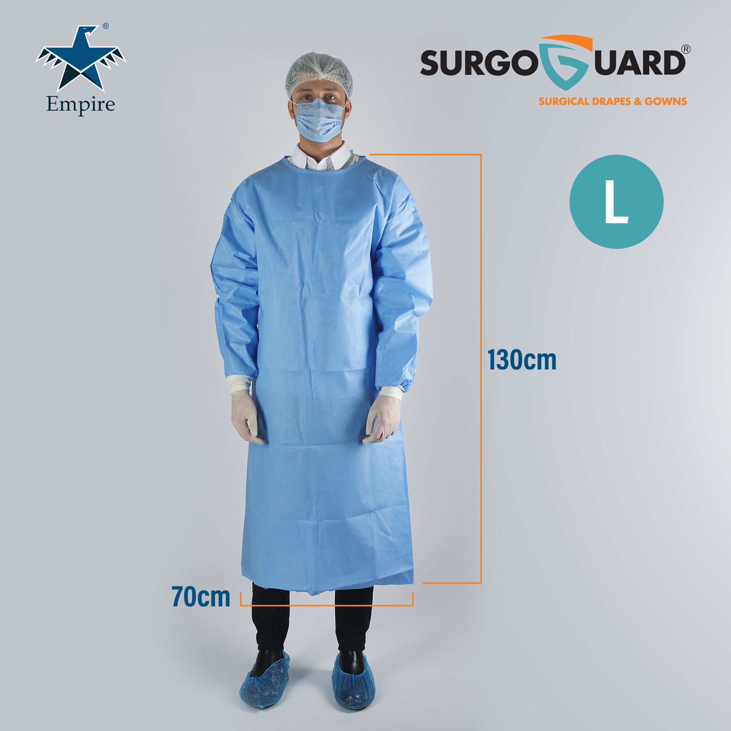 Case 40 SurgoGuard AAMI Level 4 STERILE Disposable Reinforced Surgical/Surgeon Impervious Gown 43G SMMS+ 30g PE Fabric, Isolation Gown with Long Sleeves, Knitted Cuffs, Spunlace Waist Ties (Large) L (IN STOCK) - Surgical instruments company