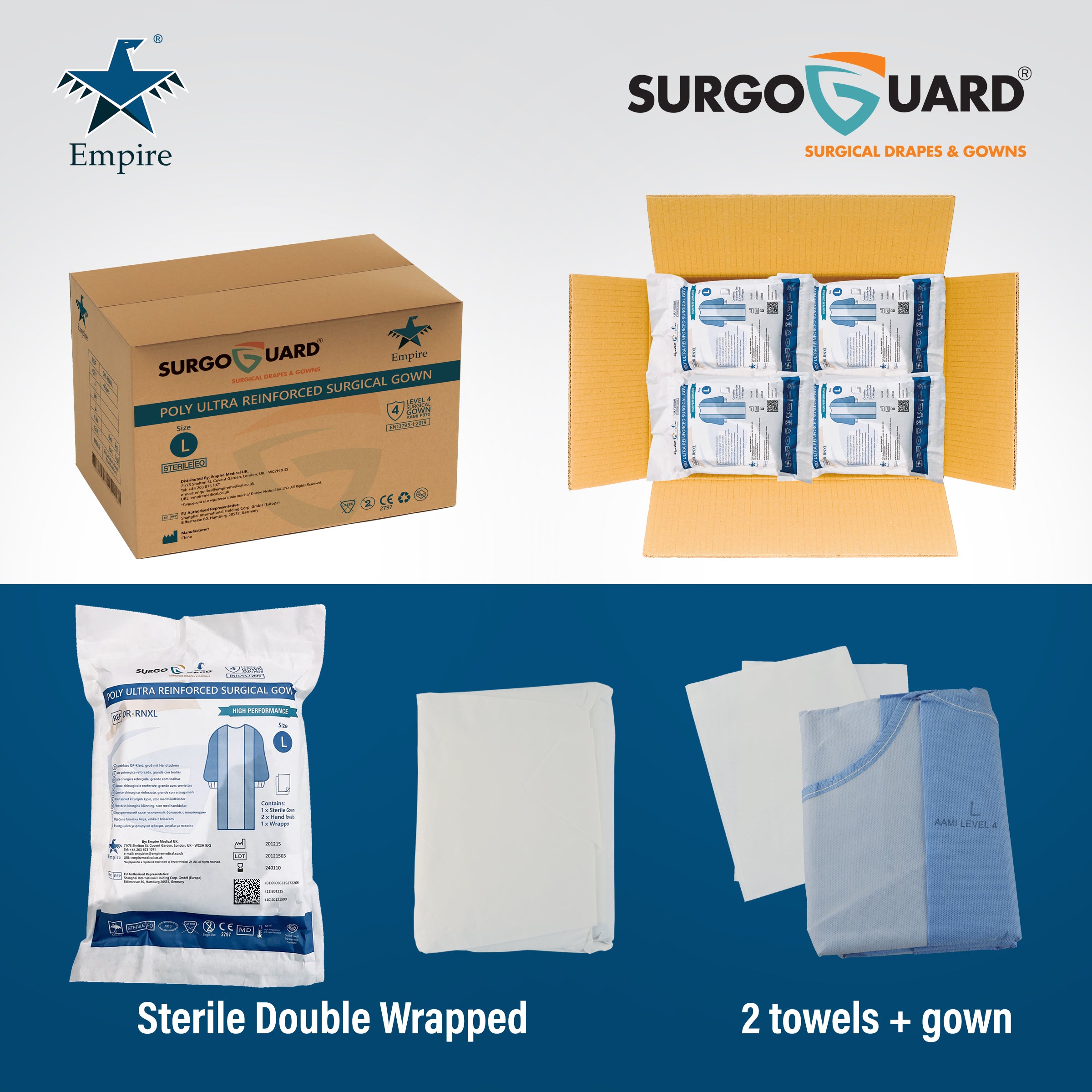 Case 40 SurgoGuard AAMI Level 4 STERILE Disposable Reinforced Surgical/Surgeon Impervious Gown 43G SMMS+ 30g PE Fabric, Isolation Gown with Long Sleeves, Knitted Cuffs, Spunlace Waist Ties (Large) L (IN STOCK) - Surgical instruments company