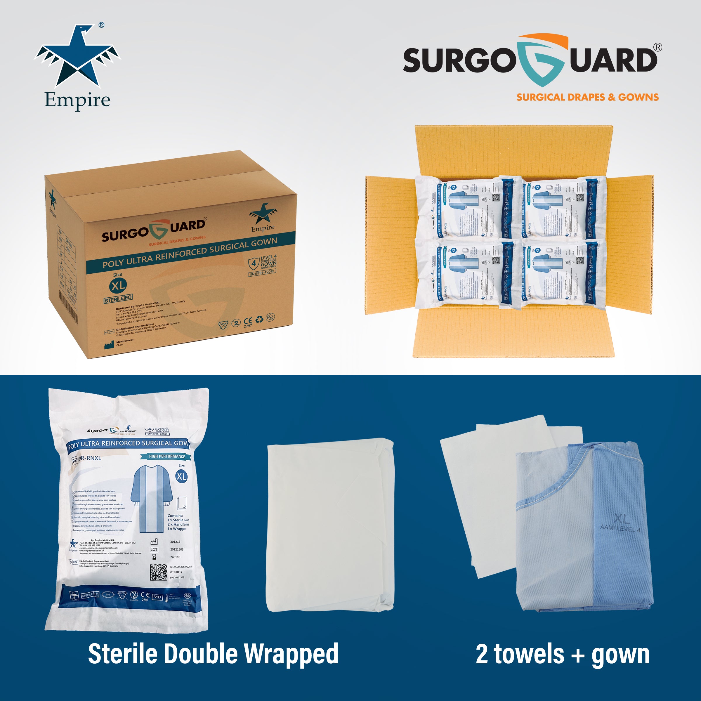 Case 40 SurgoGuard AAMI Level 4 STERILE Disposable Reinforced Impervious Surgical/Surgeon Gown 43g SMMS+30g PE Fabric, Isolation Gown Long Sleeves, Knitted Cuffs, Spunlace Waist Ties (Extra Large) XL (IN STOCK) - Surgical instruments company